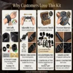 Bondage kit comes with soft cuffs, adjustable straps, premium and body safe material