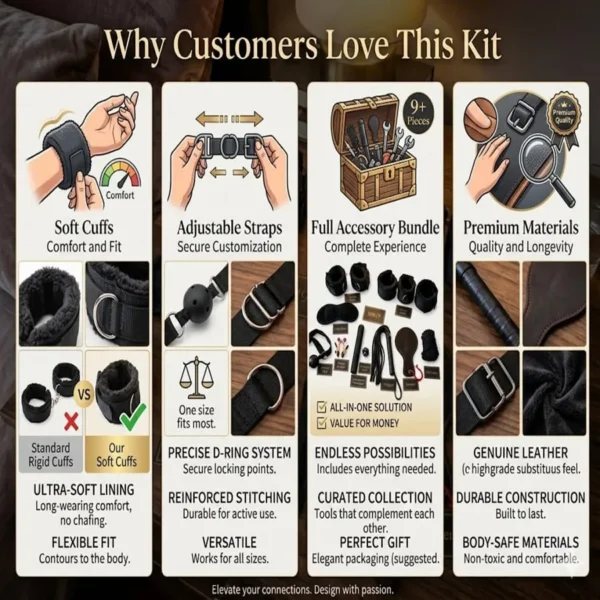 Bondage kit comes with soft cuffs, adjustable straps, premium and body safe material